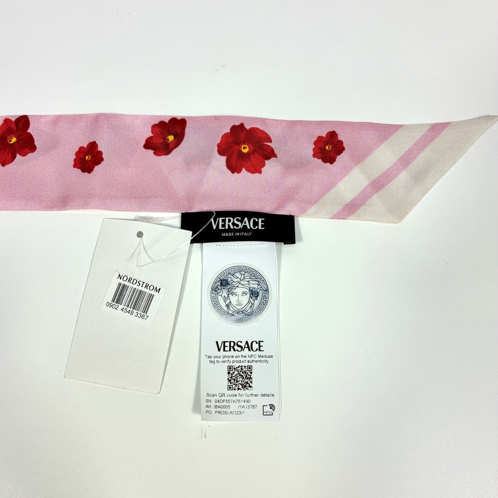 Versace Strawberry Garden Silk Skinny Twill Scarf Tie Logo Pink Red NWT - Picture 10 of 16